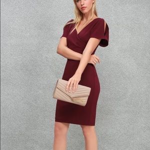 Lulus Raquel Burgundy Cold Shoulder Surplice Dress
